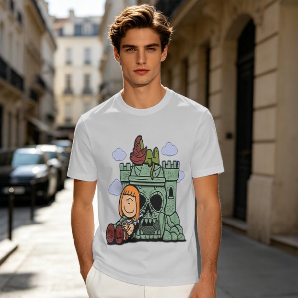 Olive T-shirt with Peanuts-style He-Man Castle Grayskull Graphic