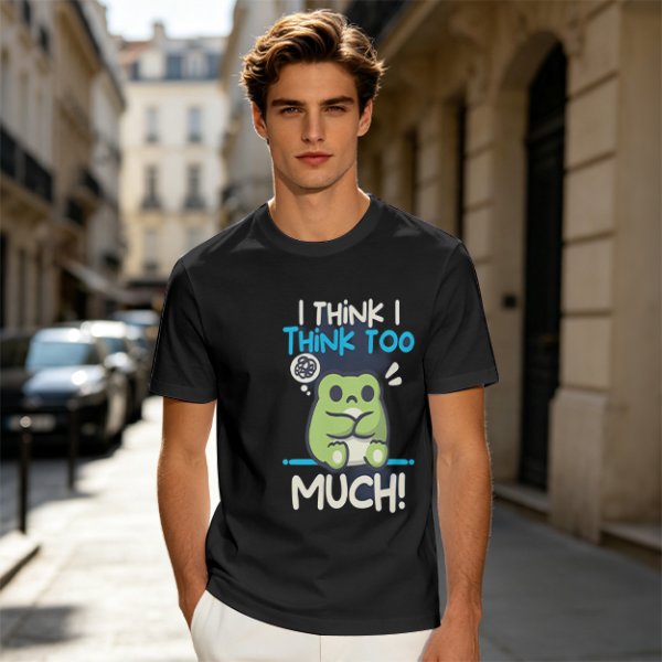 Olive t-shirt with 'I think I think too much' anxious frog print