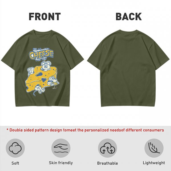 Olive graphic t-shirt with 'Relax and Cheese the Day' and mice on cheese