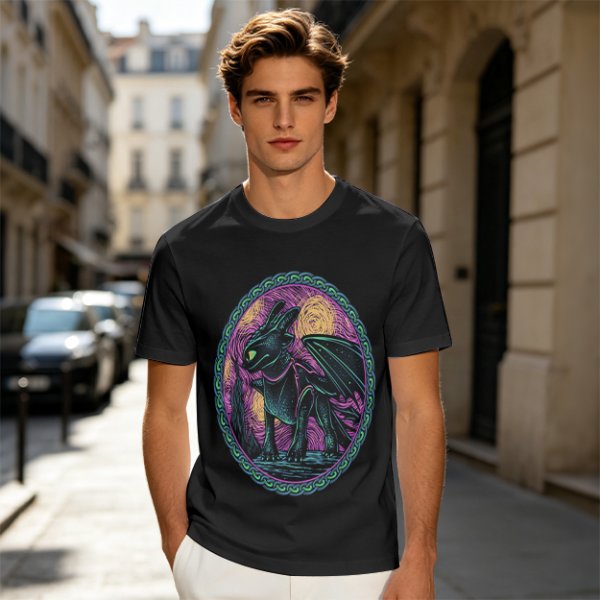 Olive T-Shirt Featuring Stylized Night Dragon In Swirling Oval Art