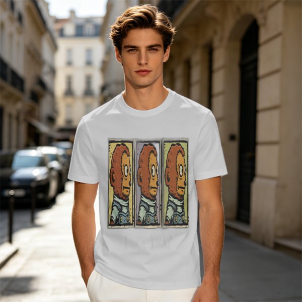 Olive Green T-Shirt With Three Panel Cartoon Monkey Head Print