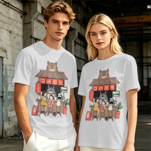 Studio Ghibli inspired coffee stand t-shirt with Totoro and friends