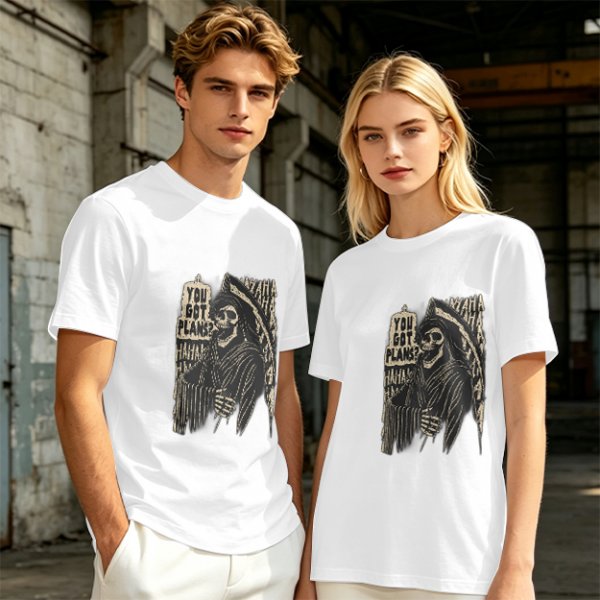Olive graphic t-shirt with grim reaper and 'You Got Plans?' print