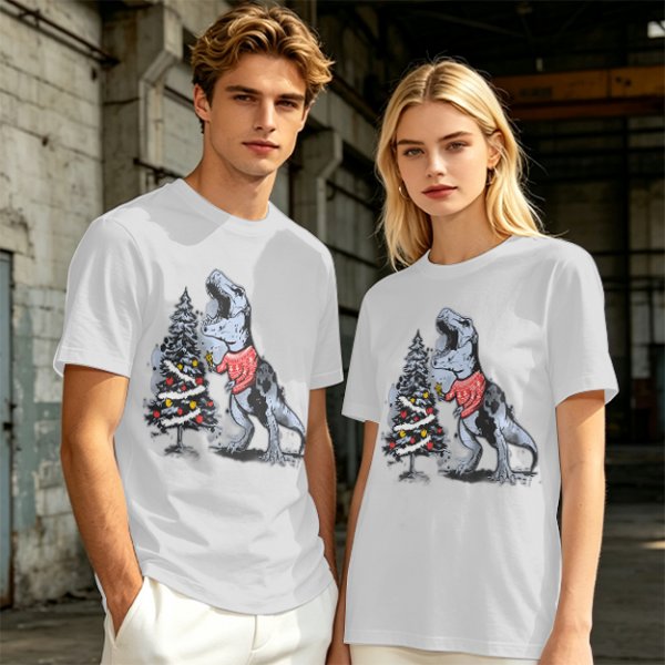 Olive T-shirt with T-Rex in Christmas sweater decorating a tree