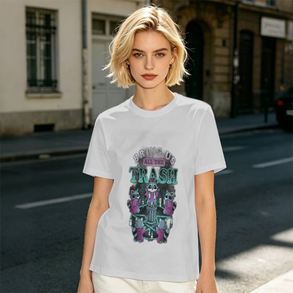 Olive graphic t-shirt with raccoons and 'Bring Us All The Trash' text