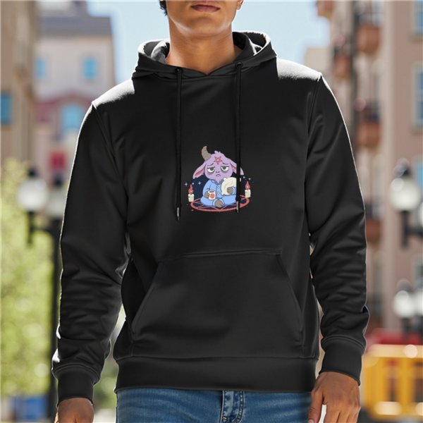 Black hoodie with a sleepy demon goat in pajamas graphic