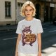 Olive t-shirt with a raccoon holding a fast food trash sign