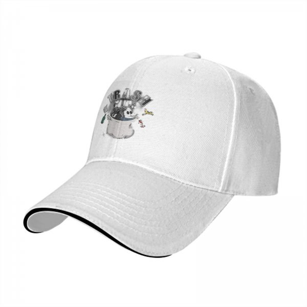 Black baseball cap with Trash Club graphic featuring cartoon mouse in trash can