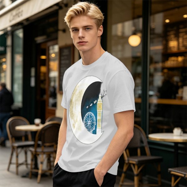 Olive T-Shirt with Crescent Moon London Skyline Flying Figures Print