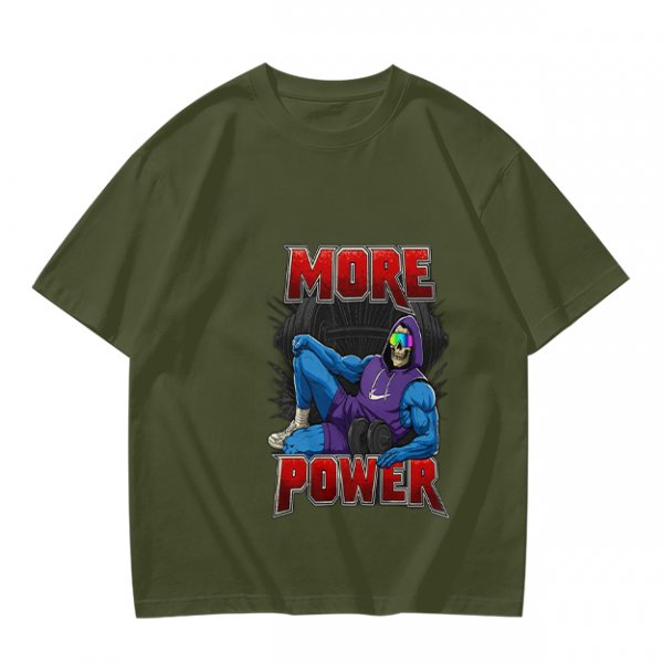 Olive Graphic T-Shirt with 'MORE POWER' and Muscular Skeleton Character