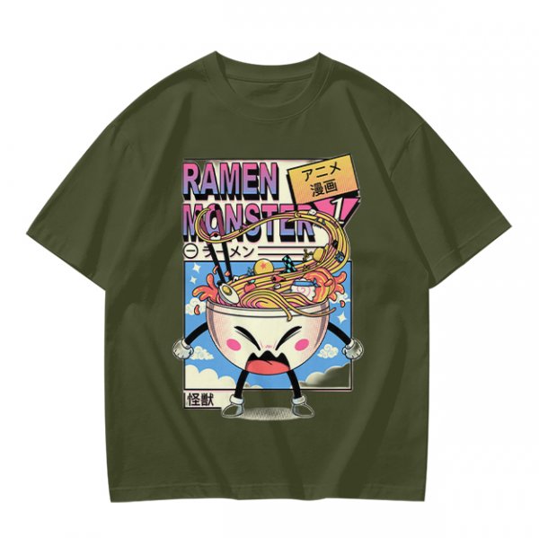 Olive green t-shirt with ramen monster anime graphic print