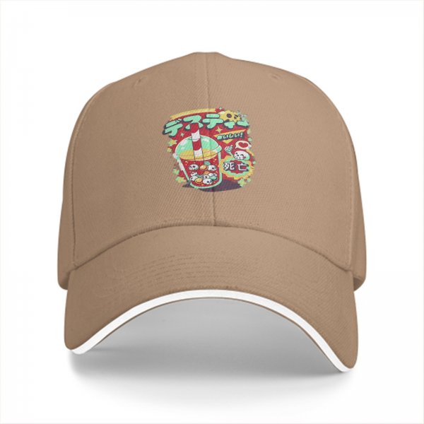 Black baseball cap with spooky drink graphic and Japanese text