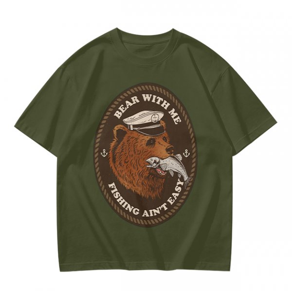 Olive t-shirt with bear captain fishing pun graphic