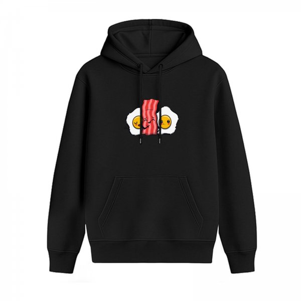 Black hoodie with cute bacon and fried eggs graphic