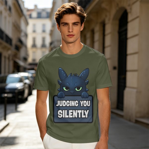 Olive t-shirt featuring Toothless the dragon judging you silently