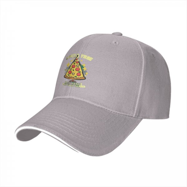 Black baseball cap with pizza tree graphic and funny food text