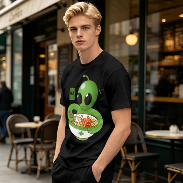 Olive Green T-Shirt With Cute Alien Eating Ramen Graphic