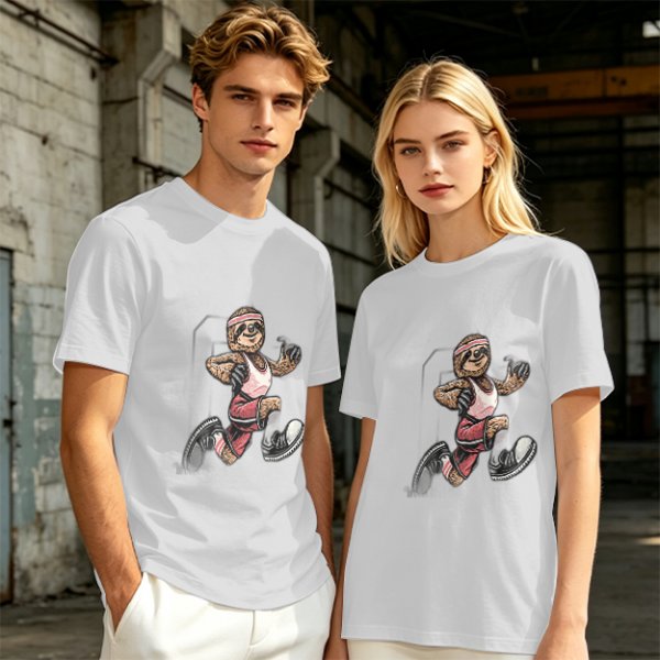 Olive T-Shirt with Cartoon Sloth Running Athlete Graphic