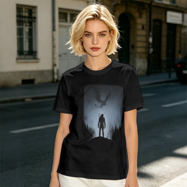 Olive T-Shirt With Dark Fantasy Silhouette Print Of Warrior And Winged Beast
