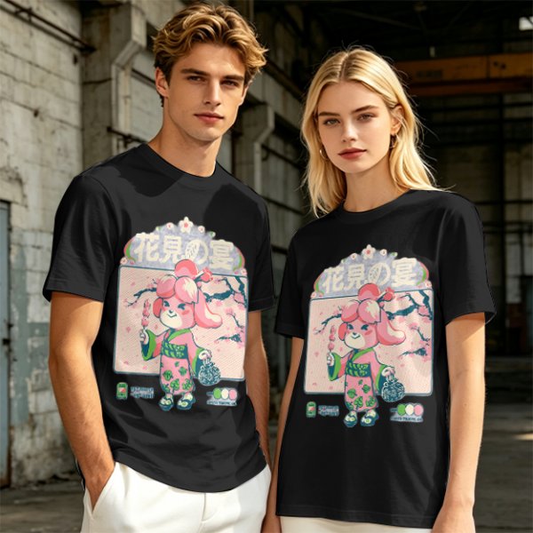 Olive green t-shirt with cherry blossom festival dog character print