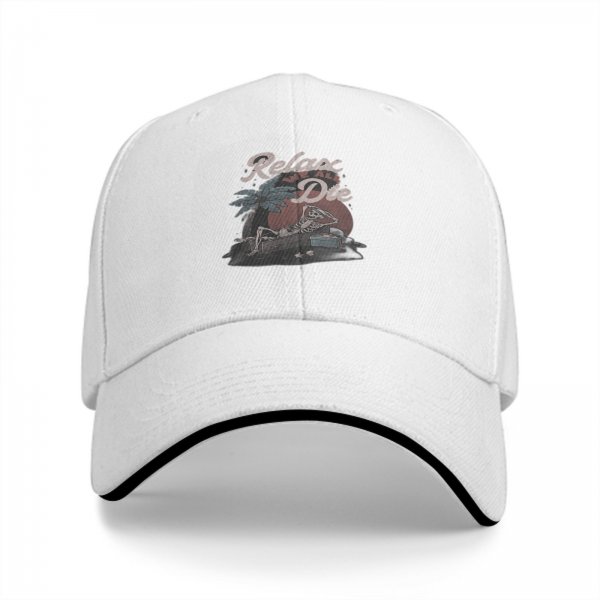 Black baseball cap with Relax Die skeleton palm tree graphic
