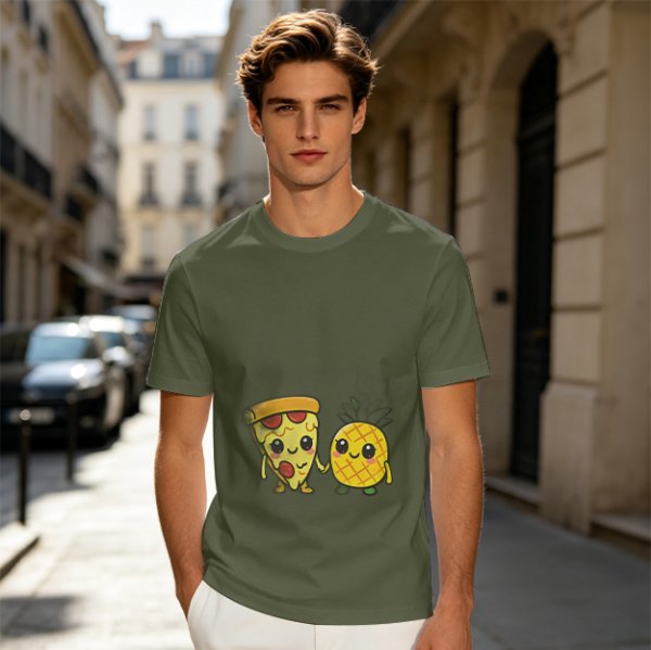 Olive T-Shirt with Cute Pizza and Pineapple Holding Hands Print