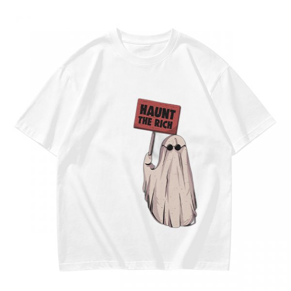 Olive T-Shirt With Ghost Holding 'Haunt The Rich' Protest Sign