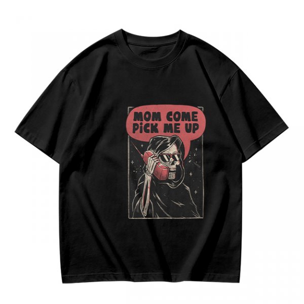 Olive Graphic T-Shirt With Grim Reaper 'Mom Come Pick Me Up' Print