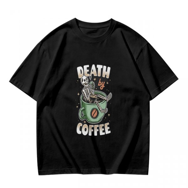 Oversized Army Green T-Shirt With 'Death By Coffee' Skeleton Print