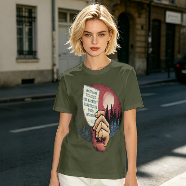 Olive T-Shirt With Hand Holding Bill Of Monthly Expenses Art