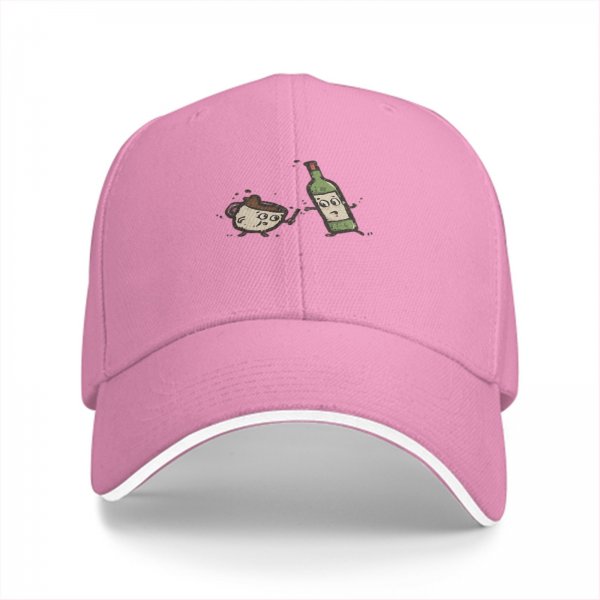 Black baseball cap with cartoon coffee cup and wine bottle graphic