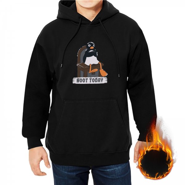 Black hoodie with a penguin graphic that says Noot Today