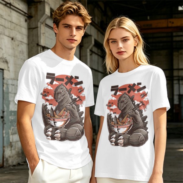 Olive T-shirt with Godzilla eating ramen graphic