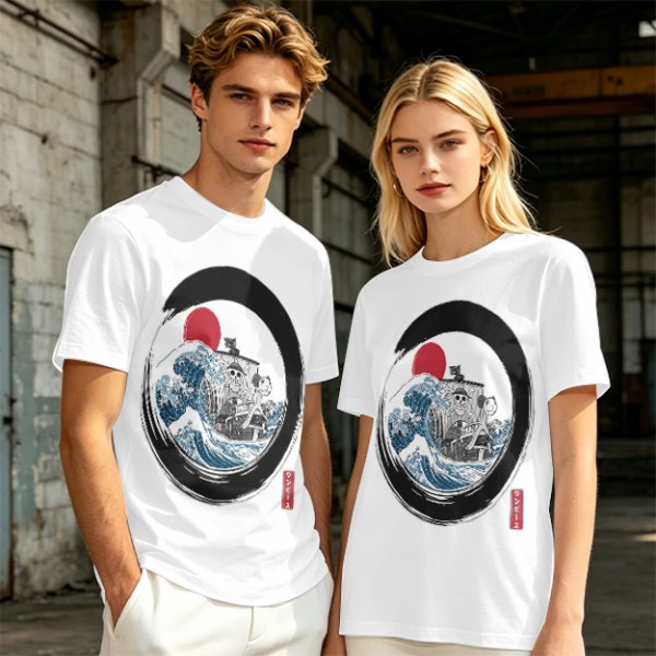 Olive T-shirt with Great Wave Enso Circle and Red Sun Print