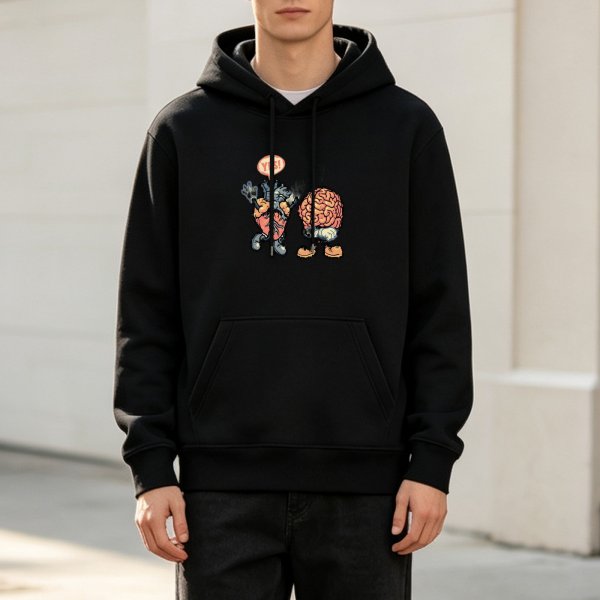 Black hoodie with cartoon heart and brain graphic print