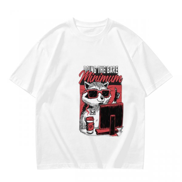 Olive graphic t-shirt with raccoon doing the bare minimum at computer