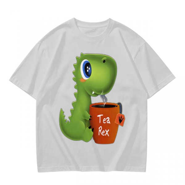 Olive green t-shirt with cute Tea Rex dinosaur holding a steaming tea mug