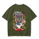 Olive green graphic t-shirt with a cartoon metal cat playing guitar