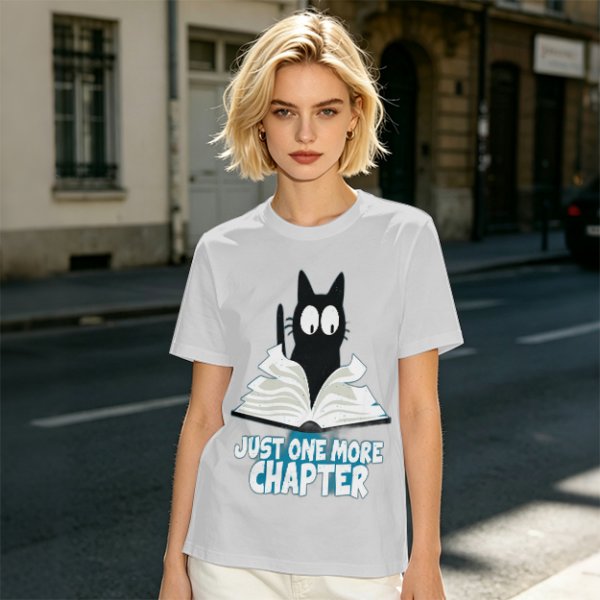 Olive T-Shirt with Black Cat Reading Book 'Just One More Chapter' Print