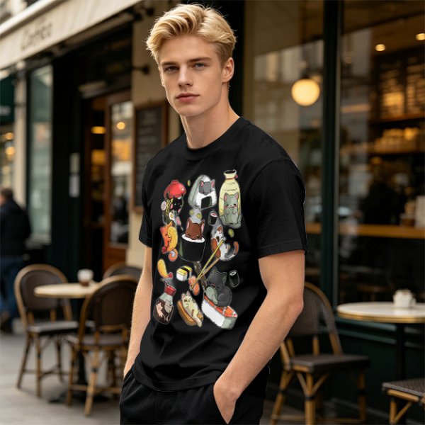 Olive T-Shirt With Cute Sushi Cat Illustrations