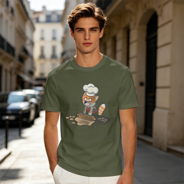 Olive T-shirt with a stressed cartoon cat baking cookies
