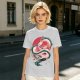 Olive T-shirt with stylized white dragon and red circular graphic print