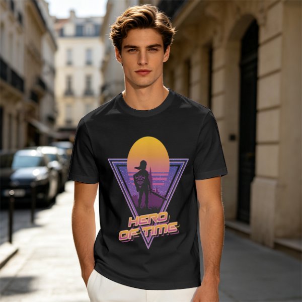Olive green retro sunset graphic t-shirt with Hero of Time print
