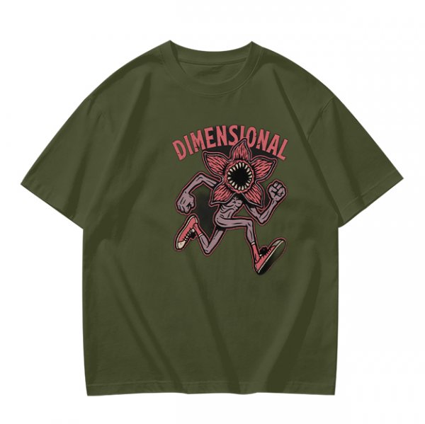 Olive green t-shirt with dimensional demogorgon graphic print