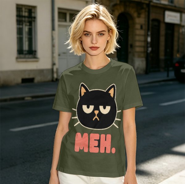 Olive T-Shirt With Grumpy Black Cat Meh Graphic Print