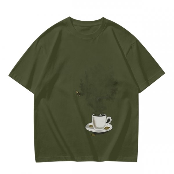 Olive Green T-Shirt with Steaming Coffee Cup Print