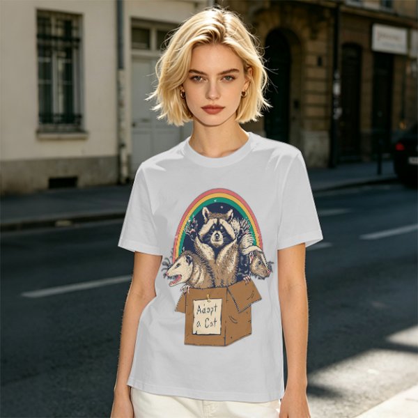 Olive T-Shirt With Raccoon Opossum Adopt A Cat Rainbow Print
