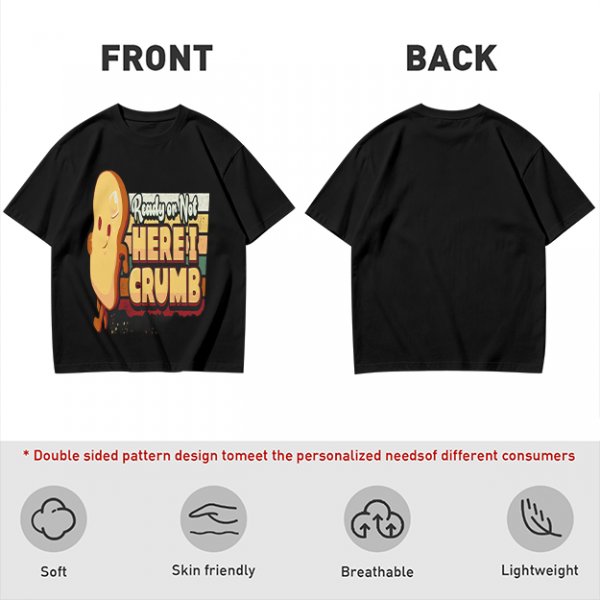 Olive graphic tee with playful bread character and 'Ready or Not Here I Crumb' text