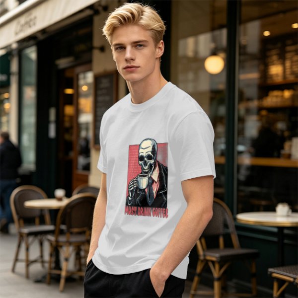 Olive T-shirt with Skeleton Drinking Coffee Must Drink Coffee Print
