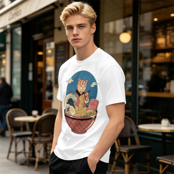 Cat Chef Eating Ramen in Great Wave Bowl T-Shirt